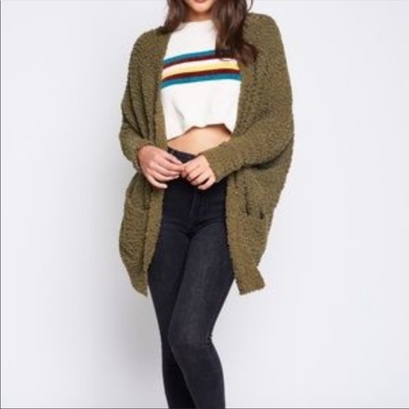 Soft Olive Green Popcorn Cardigan With pockets - Picture 11 of 16